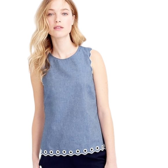 J. Crew Blue Scalloped Top with Grommets Size 0 Preppy Summer Coastal - Picture 1 of 8